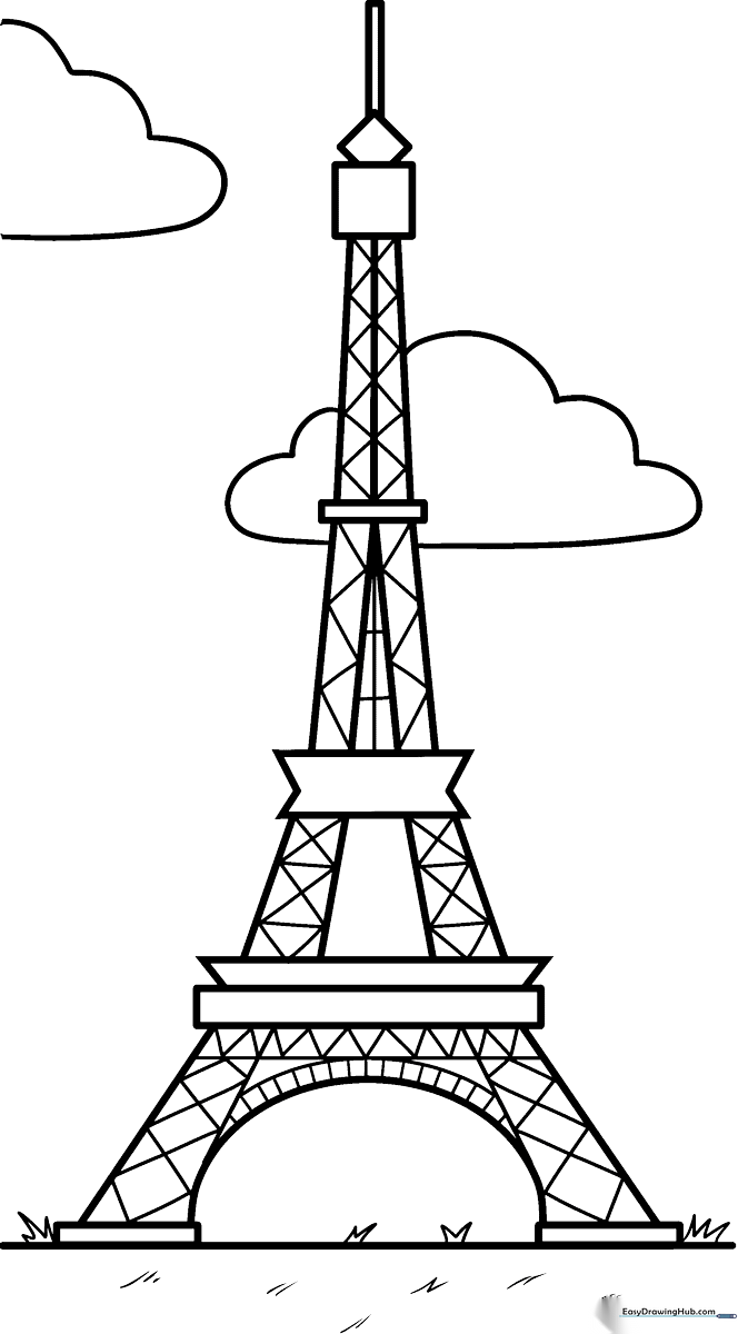 Black and white line art of the Eiffel Tower featuring clear, bold outlines for easy coloring by children.