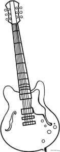 Black and white line art of a classic electric guitar with clear outlines, designed for children to color with markers or crayons.