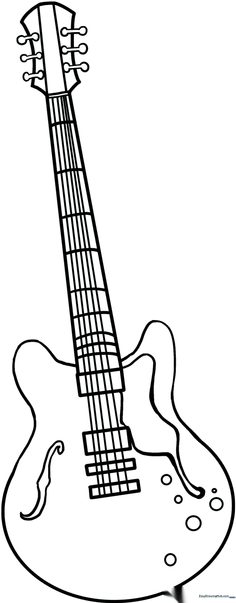 Black and white line art of a classic electric guitar with clear outlines, designed for children to color with markers or crayons.