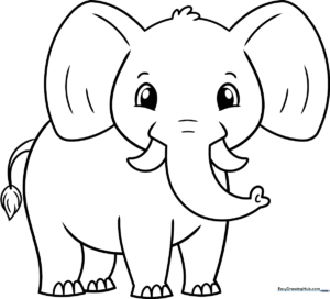 A clean, bold-lined cartoon elephant illustration on a white background, designed for children to color within the lines.