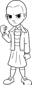 Black and white line art of Eleven from Stranger Things, featuring clear outlines for easy coloring and artistic practice.