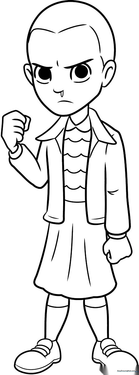 Black and white line art of Eleven from Stranger Things, featuring clear outlines for easy coloring and artistic practice.