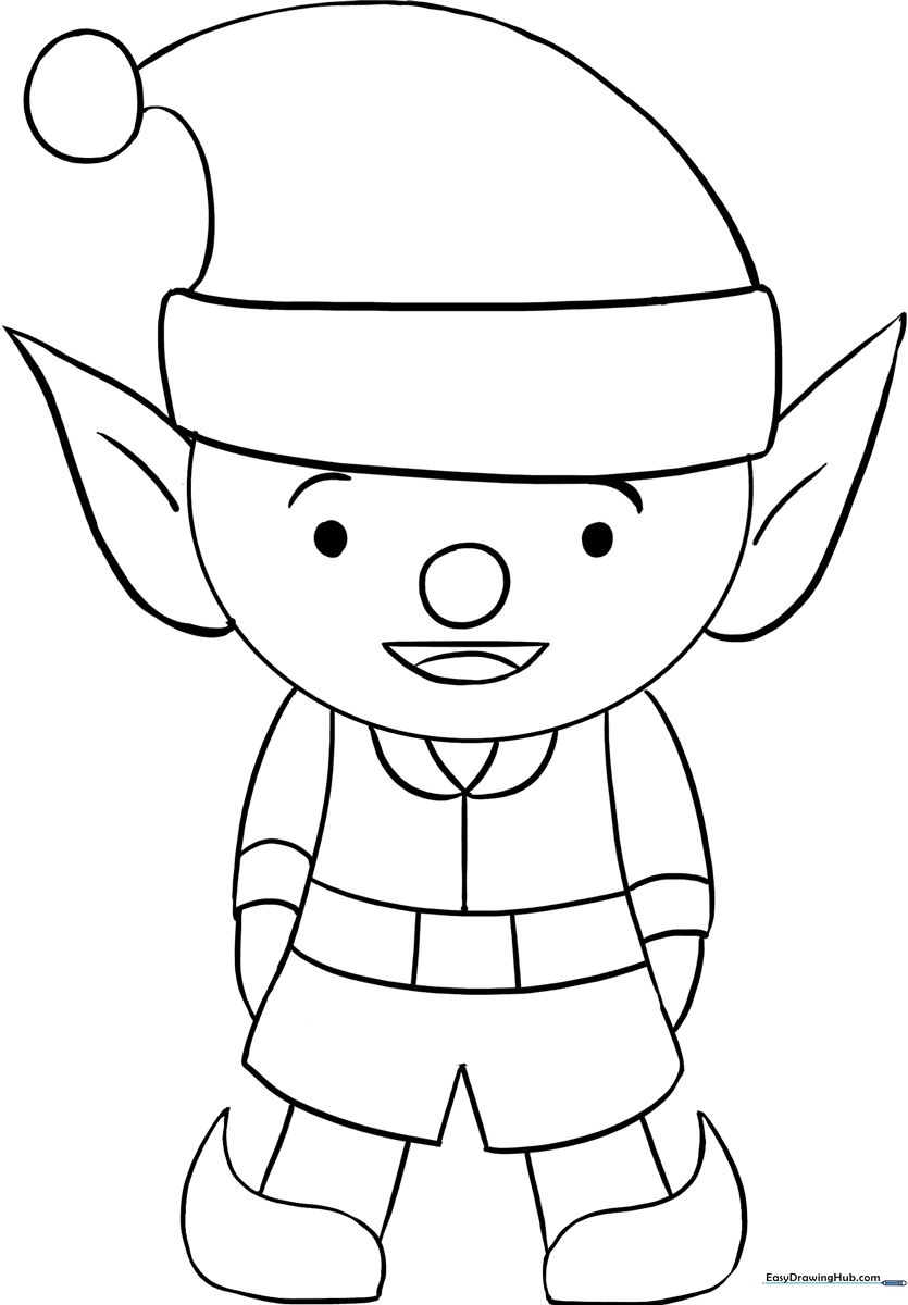 Black and white line art of a cheerful Christmas elf wearing a pointed hat and curled shoes, ready for coloring.