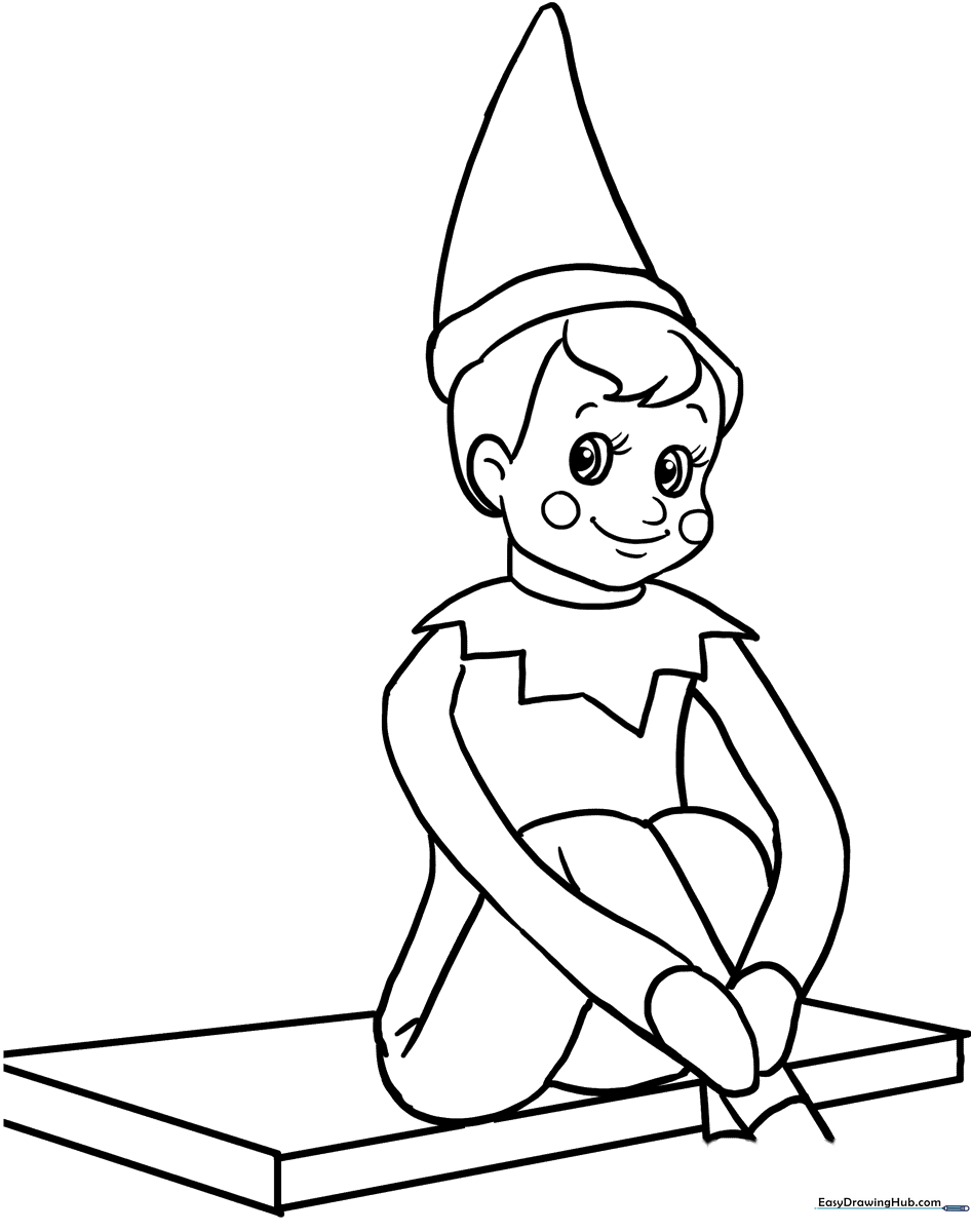 Black and white line art of an Elf on the Shelf character wearing a pointed hat and collar, ready for children to color.