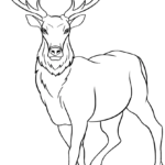 A friendly cartoon elk standing in profile with large, detailed antlers, ready for children to color with crayons or markers.