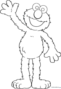 Black and white line art of Elmo from Sesame Street with his signature wide smile and large eyes, ready for coloring.