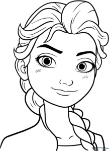 Detailed line art of Elsa from Frozen featuring her signature braid and gown, ready for children to color with markers or pencils.