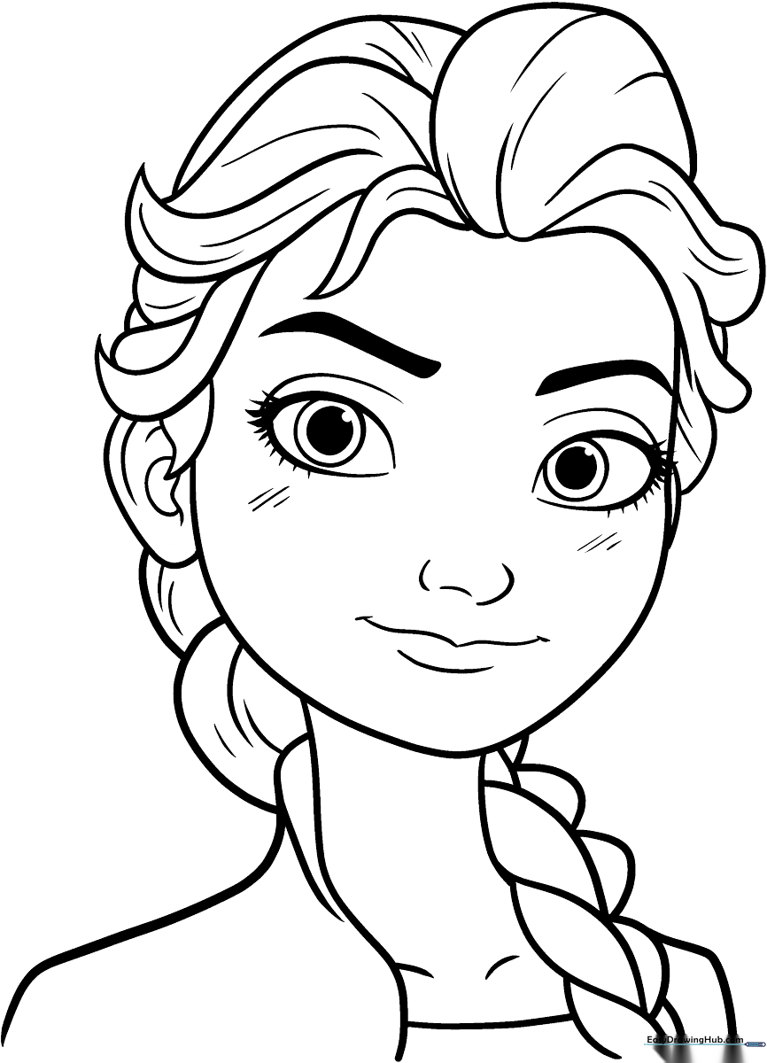 Detailed line art of Elsa from Frozen featuring her signature braid and gown, ready for children to color with markers or pencils.