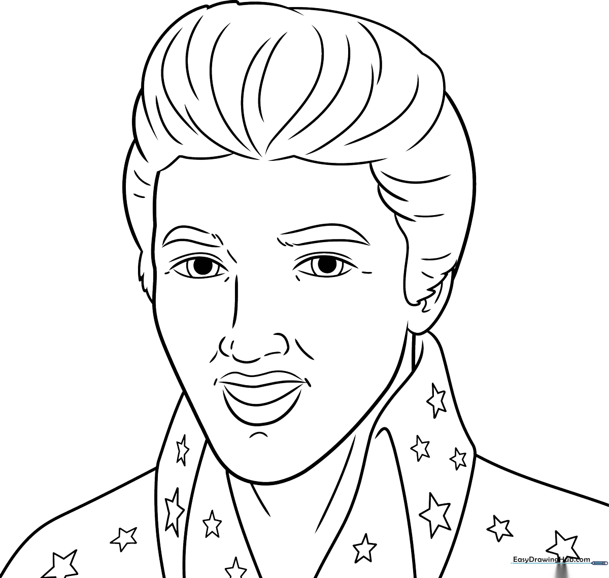 Black and white line art of Elvis Presley featuring his signature pompadour hairstyle and stage outfit, ready for coloring.