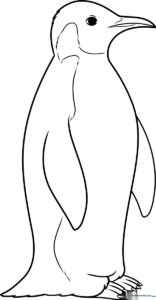 A friendly cartoon Emperor Penguin standing on ice, featuring clear, thick outlines perfect for young children practicing coloring within the lines.