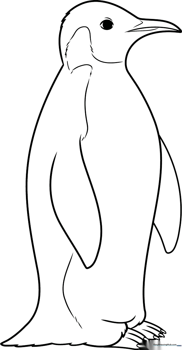 A friendly cartoon Emperor Penguin standing on ice, featuring clear, thick outlines perfect for young children practicing coloring within the lines.
