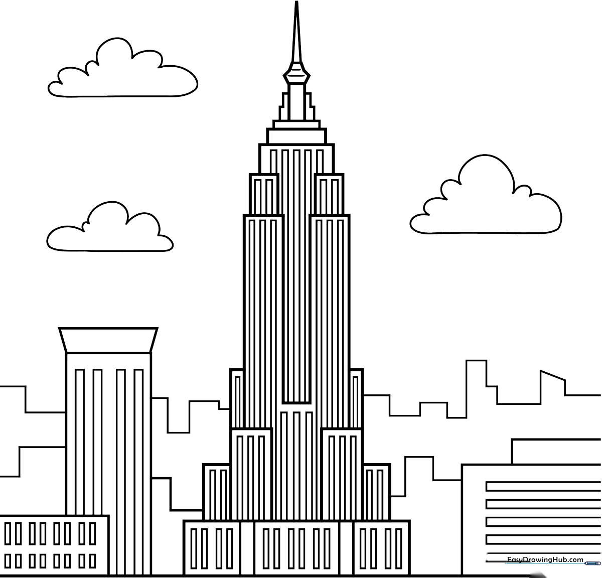 Black and white line art of the Empire State Building featuring clear, bold outlines for easy coloring by children.