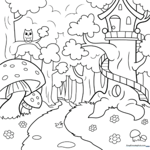 Black and white line art of an enchanted forest featuring whimsical trees, stylized flowers, and a magical landscape ready for coloring.