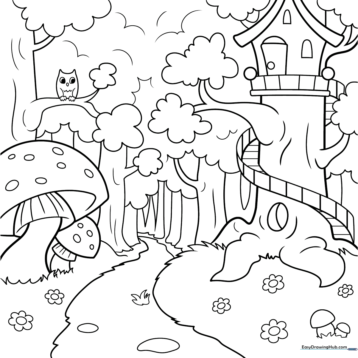 Black and white line art of an enchanted forest featuring whimsical trees, stylized flowers, and a magical landscape ready for coloring.