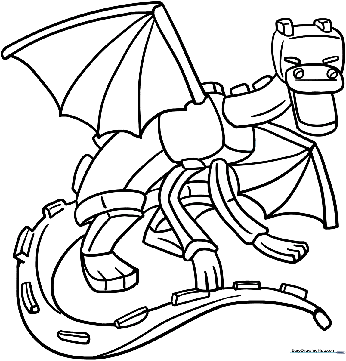Black and white line art of the Minecraft Ender Dragon featuring large wings and a segmented tail, ready for children to color.