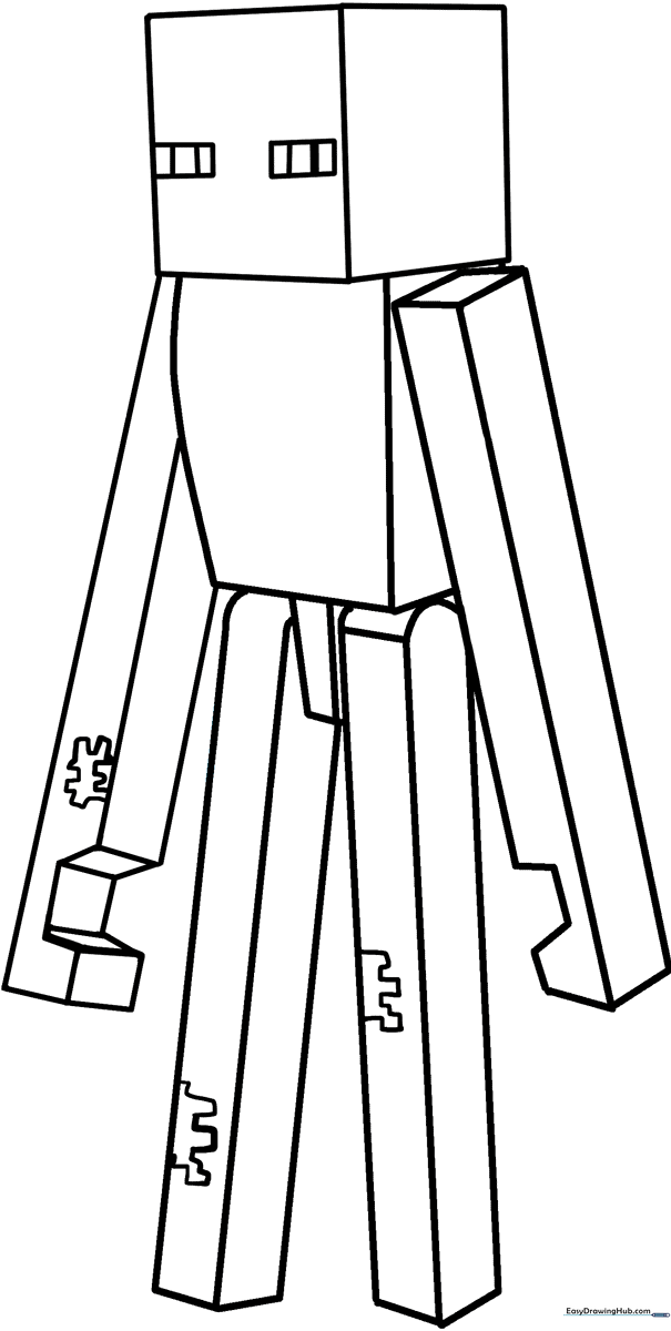 Black and white line art of a Minecraft Enderman standing tall, featuring clean outlines for easy coloring by children.