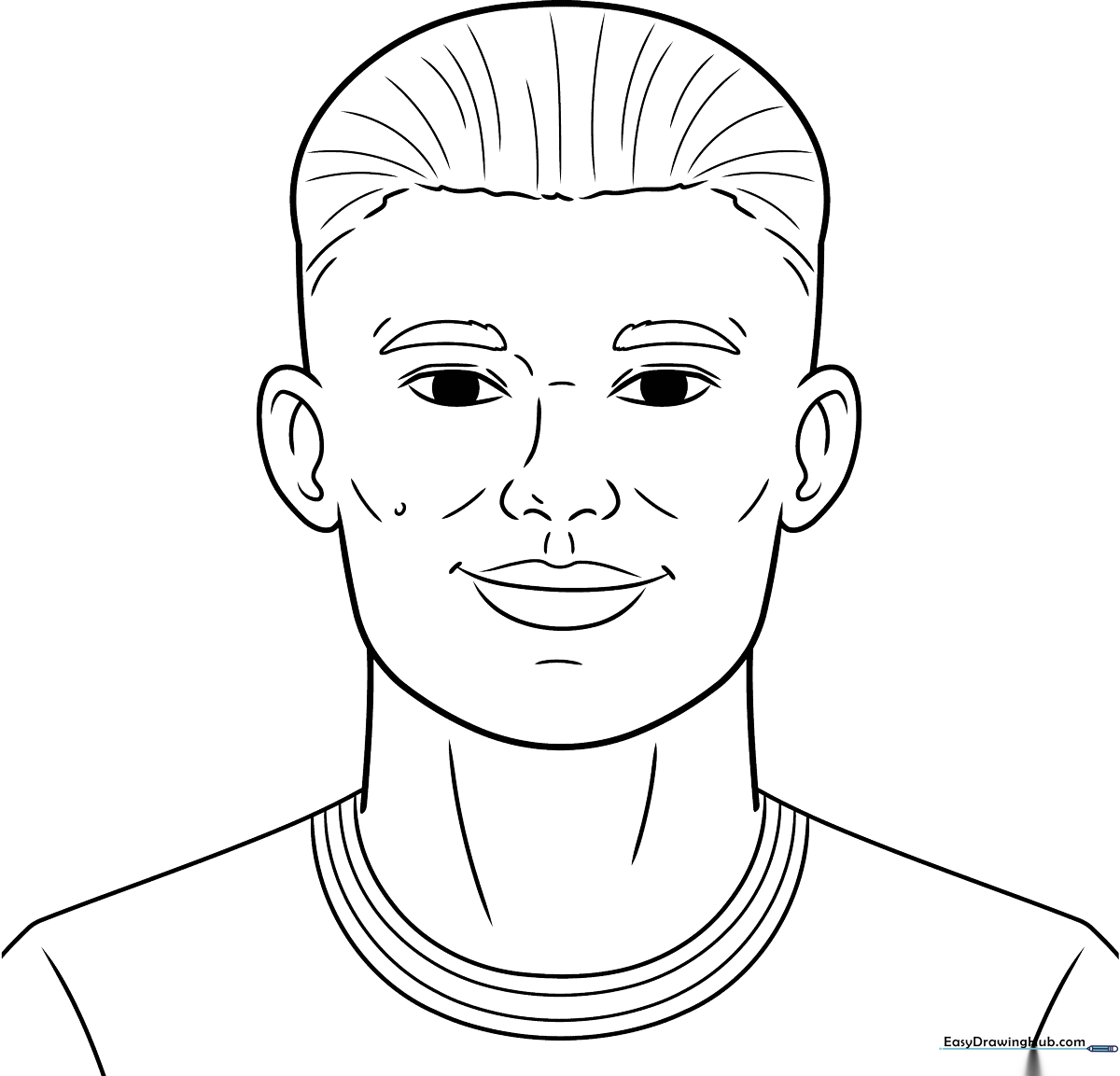 Black and white line art illustration of Erling Haaland, featuring clear outlines suitable for children to color with markers or crayons.