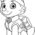 Black and white line art of Everest from PAW Patrol, featuring her signature hat and collar, ready for children to color.
