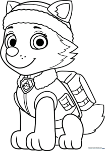 Black and white line art of Everest from PAW Patrol, featuring her signature hat and collar, ready for children to color.