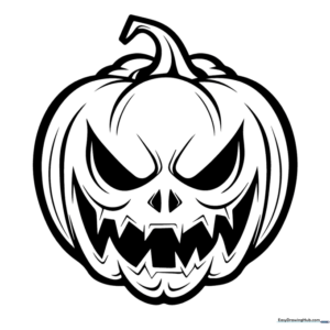 Black and white line art of a mischievous Jack-O'-Lantern with jagged teeth and triangular eyes, designed for children's coloring practice.