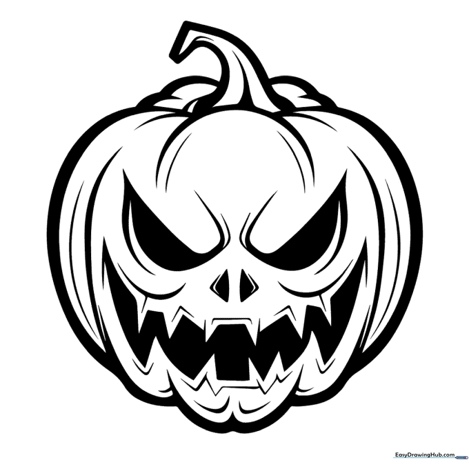 Black and white line art of a mischievous Jack-O'-Lantern with jagged teeth and triangular eyes, designed for children's coloring practice.