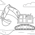 Black and white line art of a friendly cartoon excavator with a large bucket and sturdy tracks, designed for children to color.