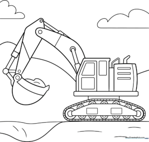 Black and white line art of a friendly cartoon excavator with a large bucket and sturdy tracks, designed for children to color.