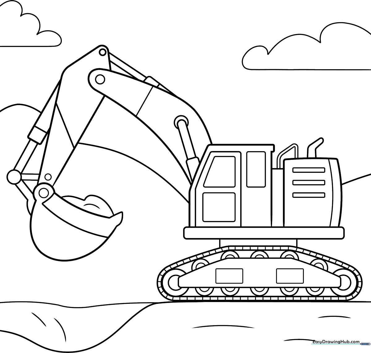 Black and white line art of a friendly cartoon excavator with a large bucket and sturdy tracks, designed for children to color.