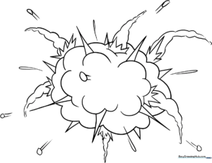 A bold, cartoon-style explosion illustration with jagged, radiating edges, designed for children to color and practice shading techniques.