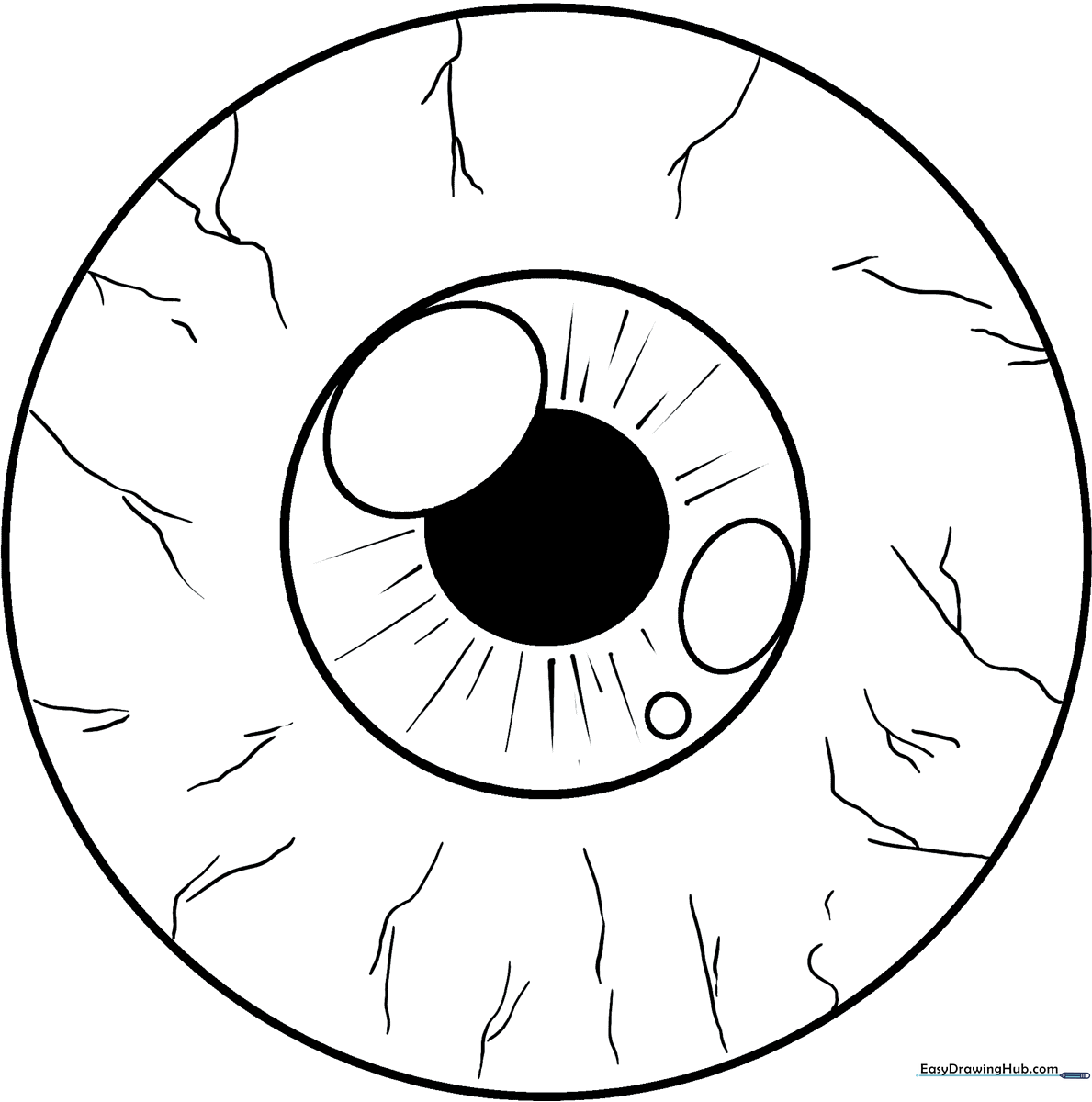 Black and white line art of a realistic human eyeball featuring a detailed iris and pupil, designed for educational coloring.