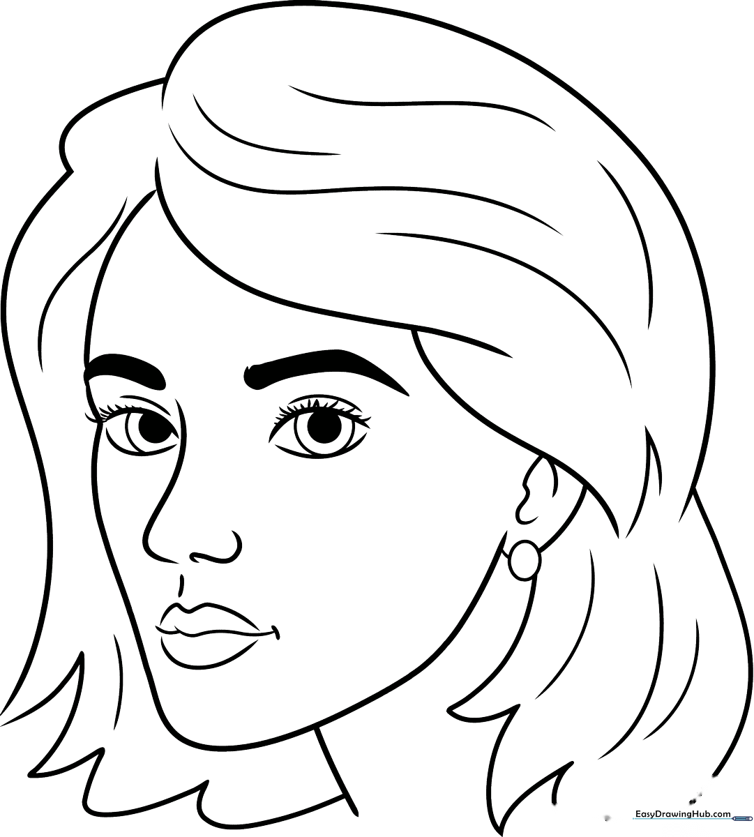 Black and white line art of a face in 3/4 profile view, featuring clear outlines for coloring facial features, hair, and neck, designed for educational art practice.