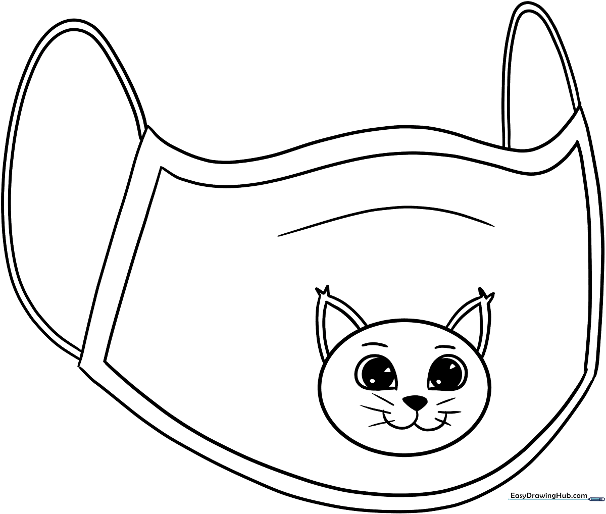 Black and white line art of a face mask with elastic ear loops, designed for children to color and decorate.