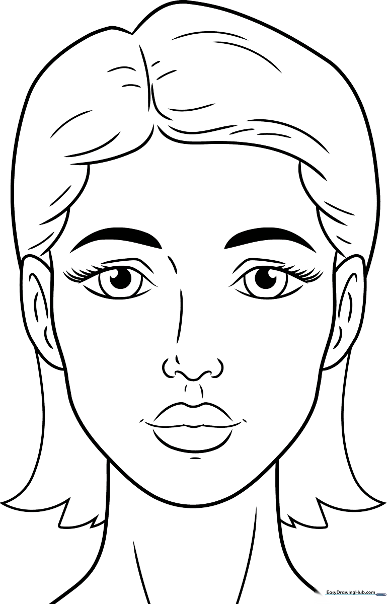 A clean, black-and-white line art template of a human face, featuring clear outlines for eyes, nose, and lips, designed for coloring practice.