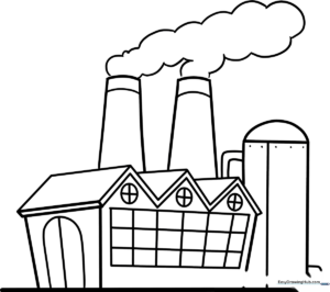 Black and white line art of a cartoon factory with large smokestacks and windows, ready for children to color.