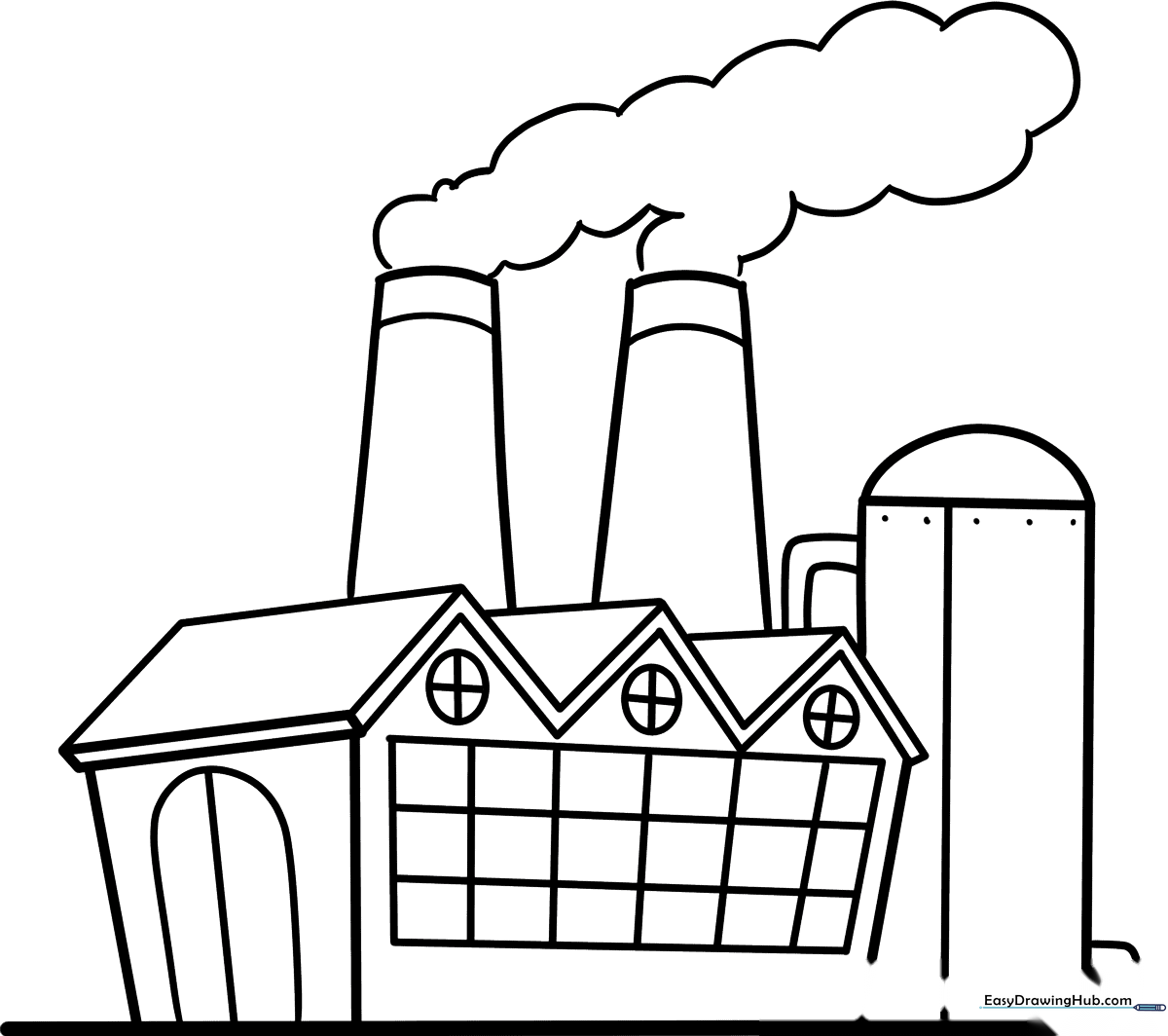 Black and white line art of a cartoon factory with large smokestacks and windows, ready for children to color.