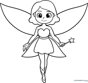 Detailed line art of a whimsical fairy with delicate wings, ready for children to color with crayons or markers.