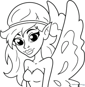 Black and white line art of a whimsical fairy face with large expressive eyes and delicate wings, designed for children to color.