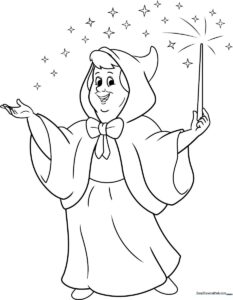 Line art illustration of a kind Fairy Godmother wearing a classic gown and holding a magic wand, ready for children to color.