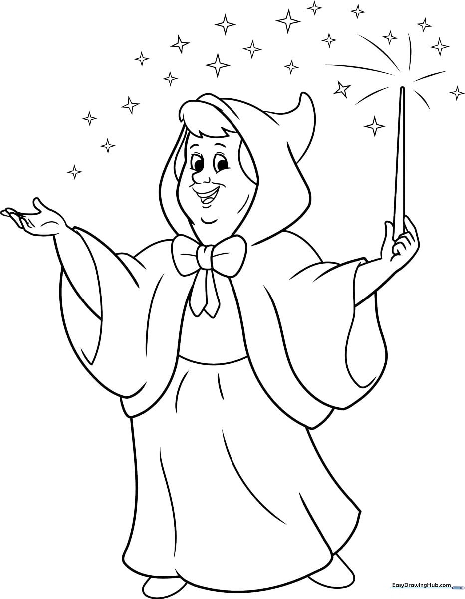 Line art illustration of a kind Fairy Godmother wearing a classic gown and holding a magic wand, ready for children to color.