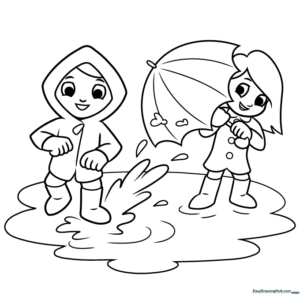 Two children in raincoats jumping into a puddle, line art style for coloring
