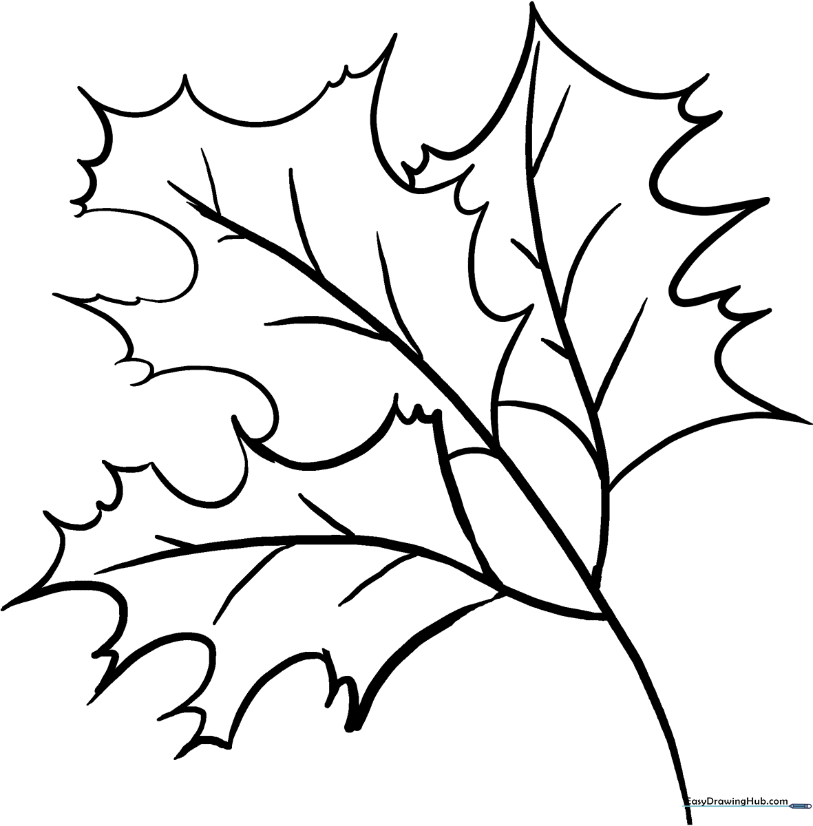 Black and white line art of three overlapping oak leaves with detailed veins, ready for children to color.