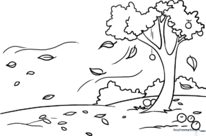 Black and white line art of a fall landscape featuring a large tree with falling leaves, pumpkins, and a rustic fence, ready for children to color.