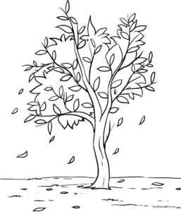 Detailed line art of a deciduous tree with falling autumn leaves, designed for children to color with markers or crayons.