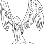 Detailed line art of a fallen angel with large, expressive wings, designed for children to color with markers or pencils.