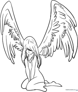 Detailed line art of a fallen angel with large, expressive wings, designed for children to color with markers or pencils.