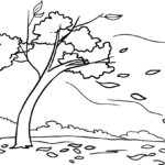 Black and white line art of various autumn leaves drifting downward, featuring clear outlines for easy coloring by children.