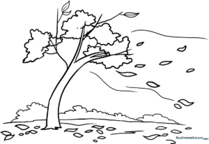 Black and white line art of various autumn leaves drifting downward, featuring clear outlines for easy coloring by children.
