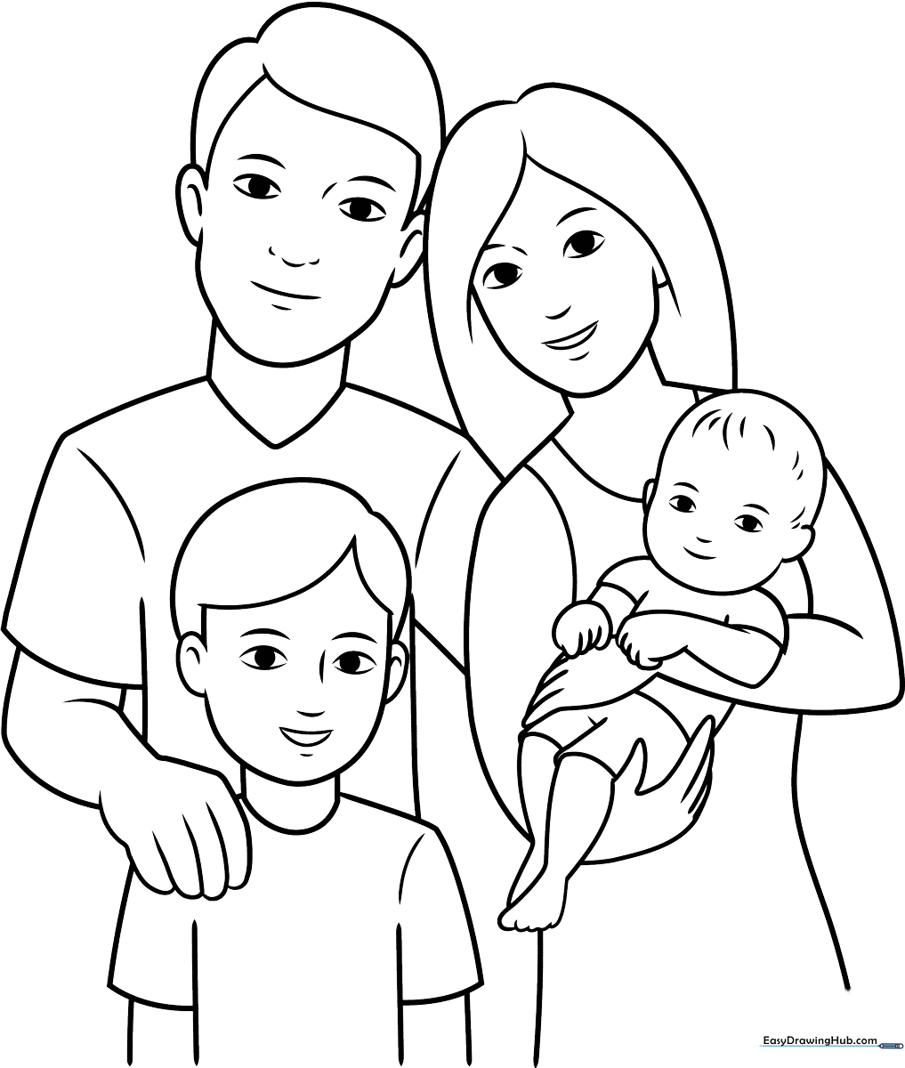 Black and white line art of a happy family standing together, ready for children to color with markers or crayons.