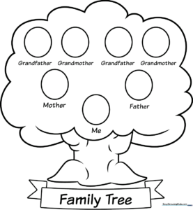 Black and white line art of a stylized family tree with empty circular frames on branches for children to color and label.