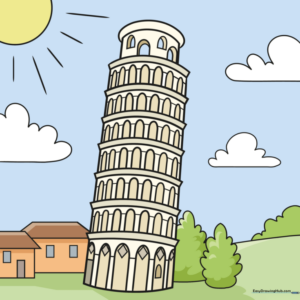 Pencil sketch of the Leaning Tower of Pisa showing arched windows and cylindrical structure.
